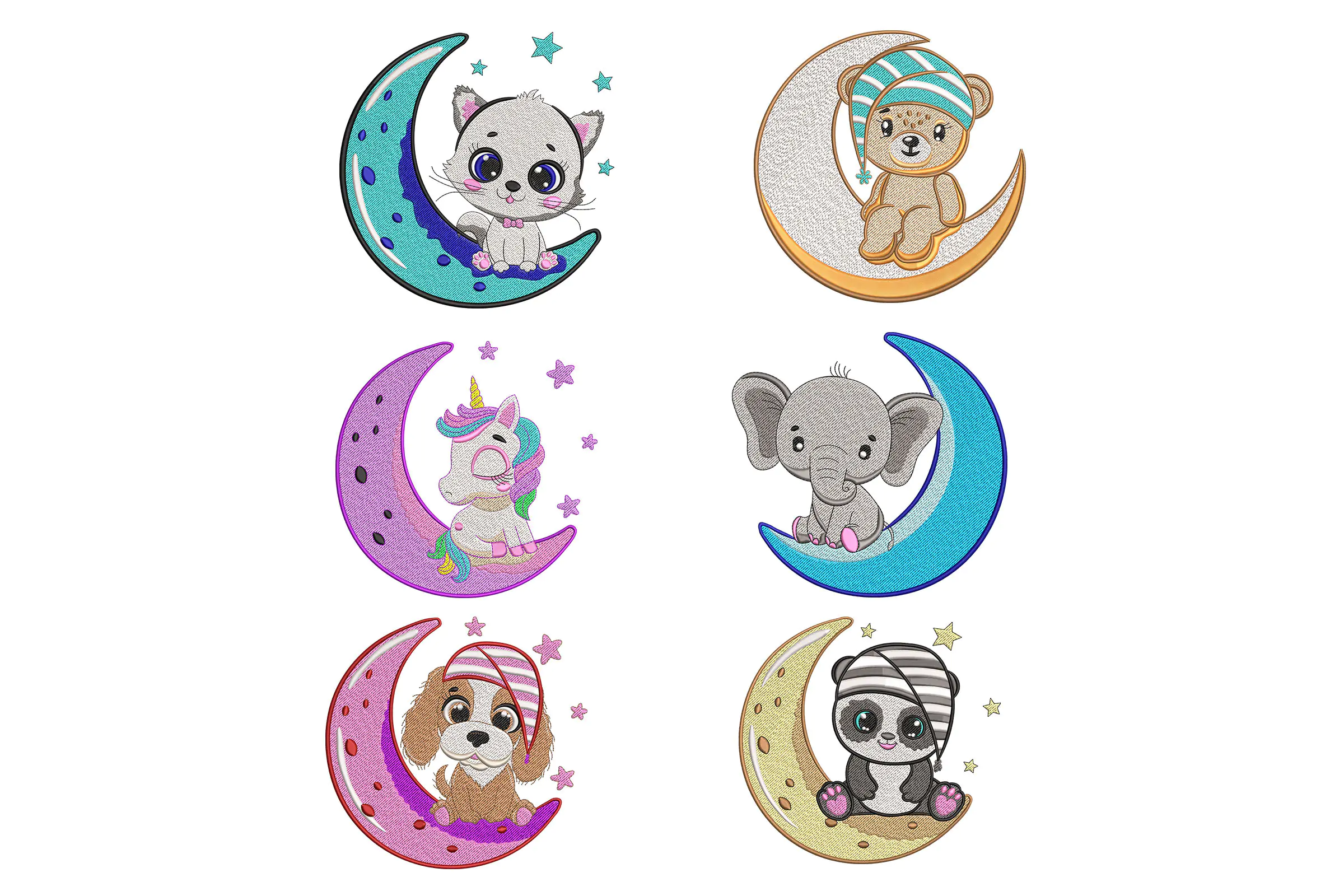 Baby Animals embroidery Design , Animal and moon machine embroidery design