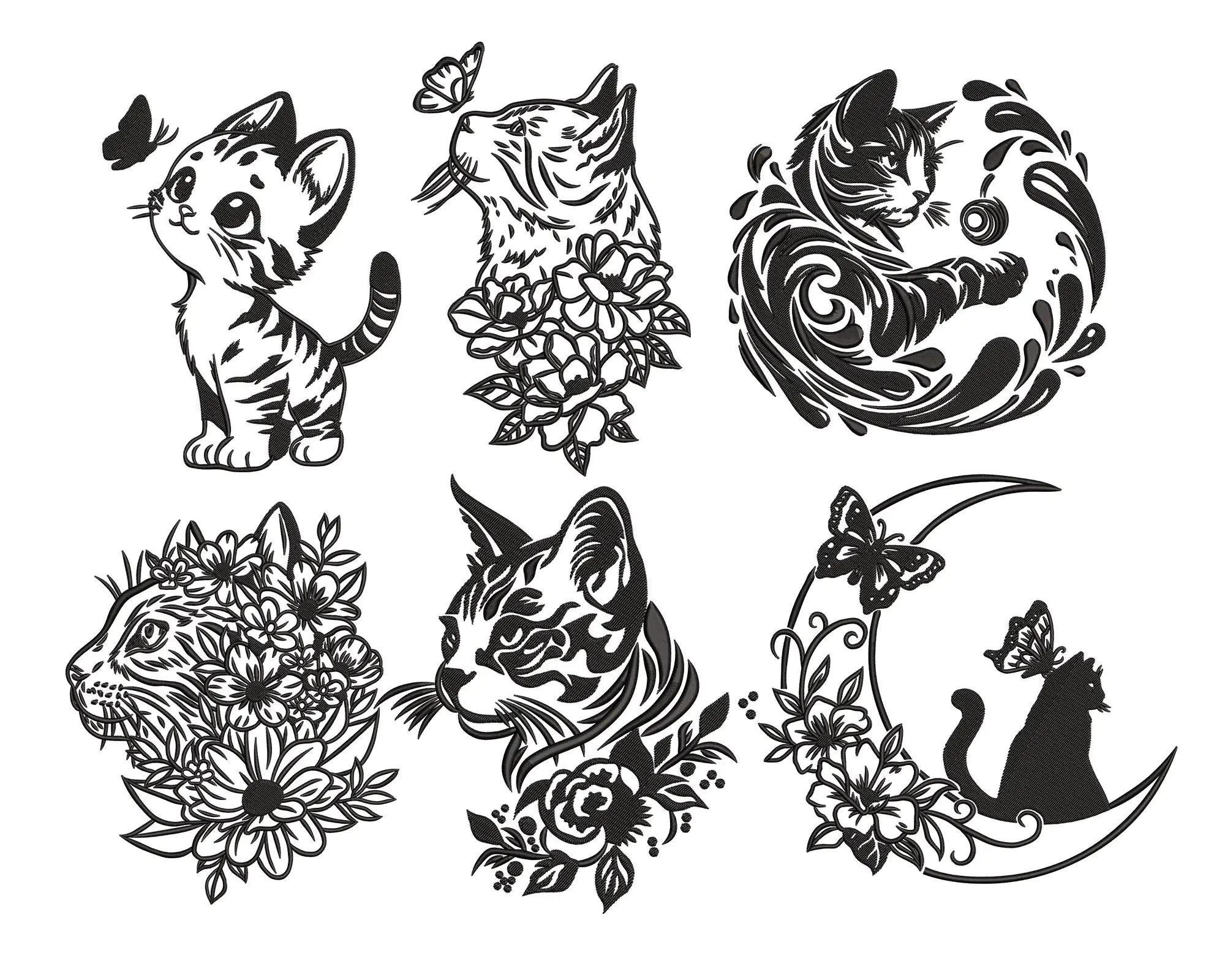 Cat embroidery designs, Cat With Flower Embroidery Designs