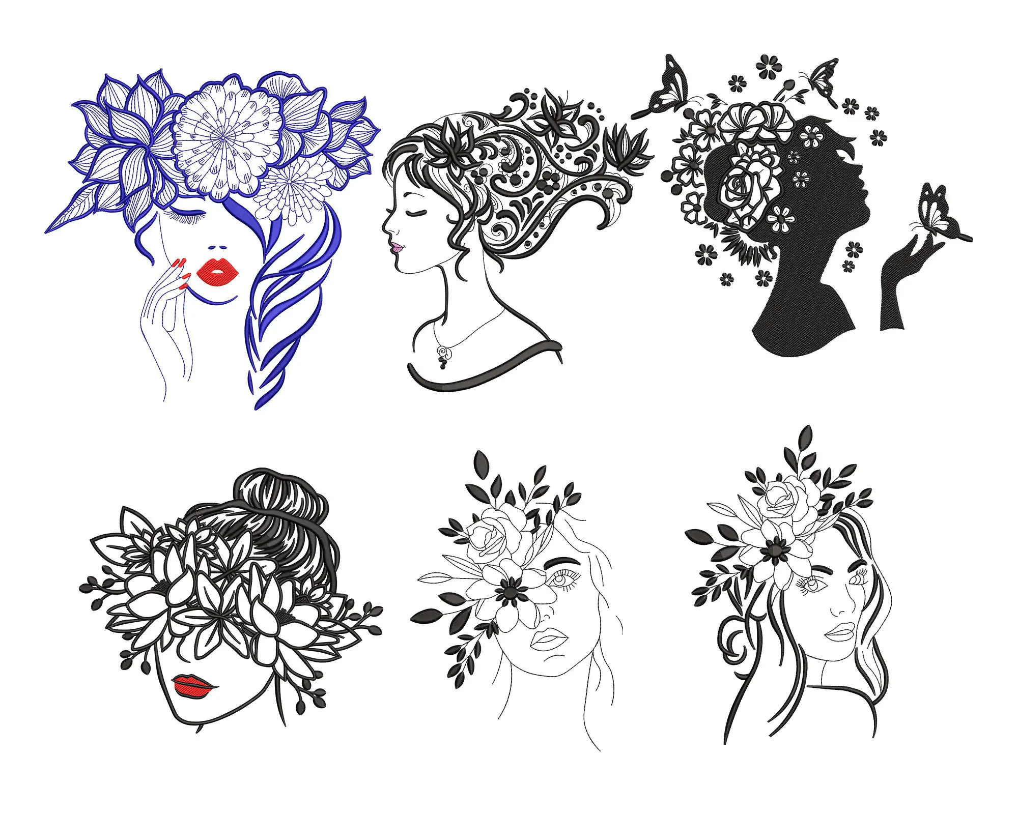 Woman with flowers embroidery designs. Beautiful Woman Face Machine Embroidery