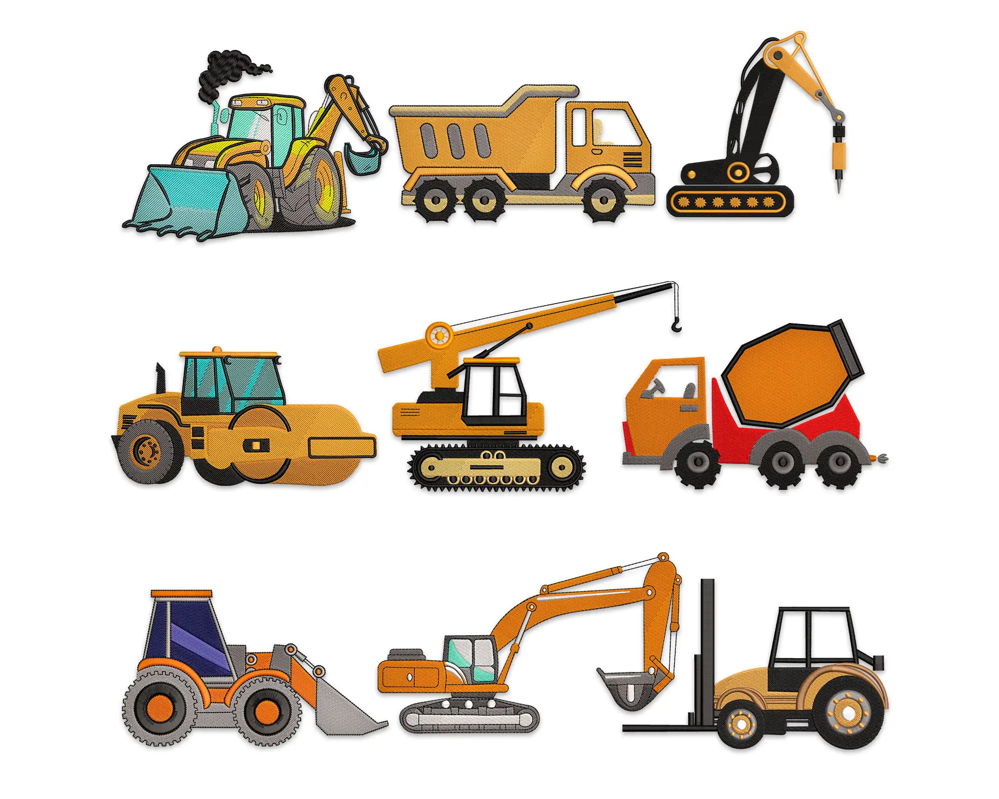 Construction Machines embroidery Designs. Heavy equipment machine embroidery designs