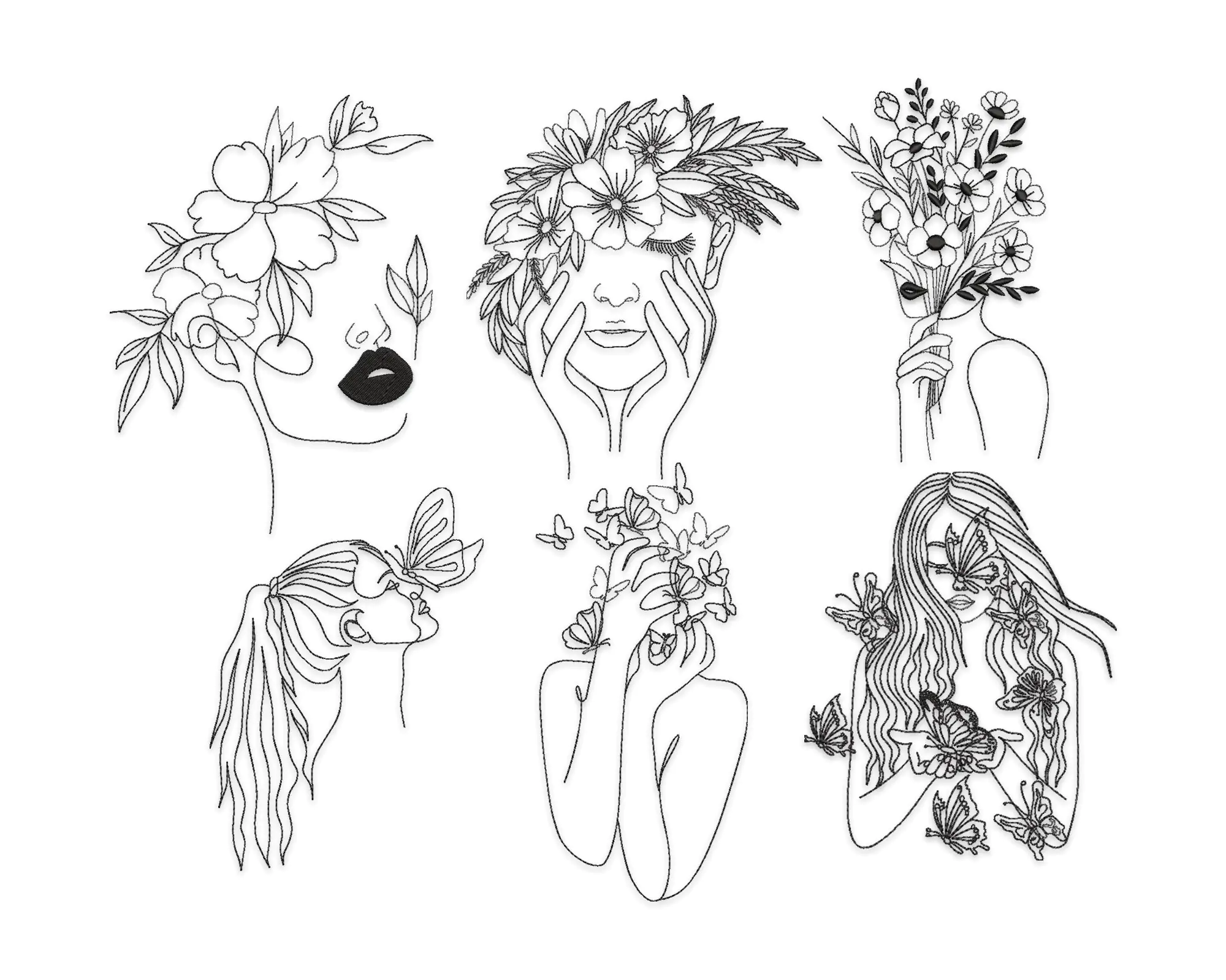 Woman with flowers embroidery designs. Woman With Butterflies