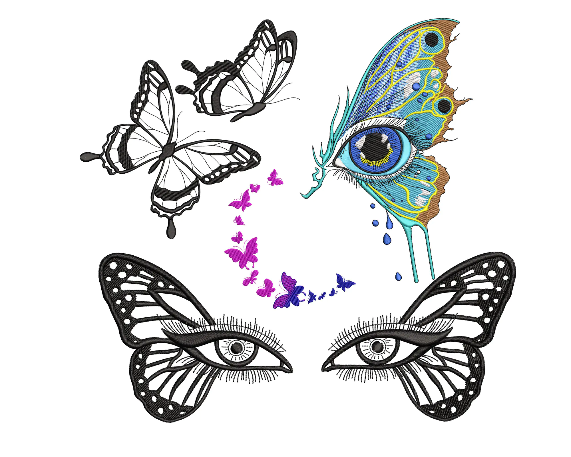 Butterfly Embroidery Design , Eye with Butterfly Machine Embroidery Design