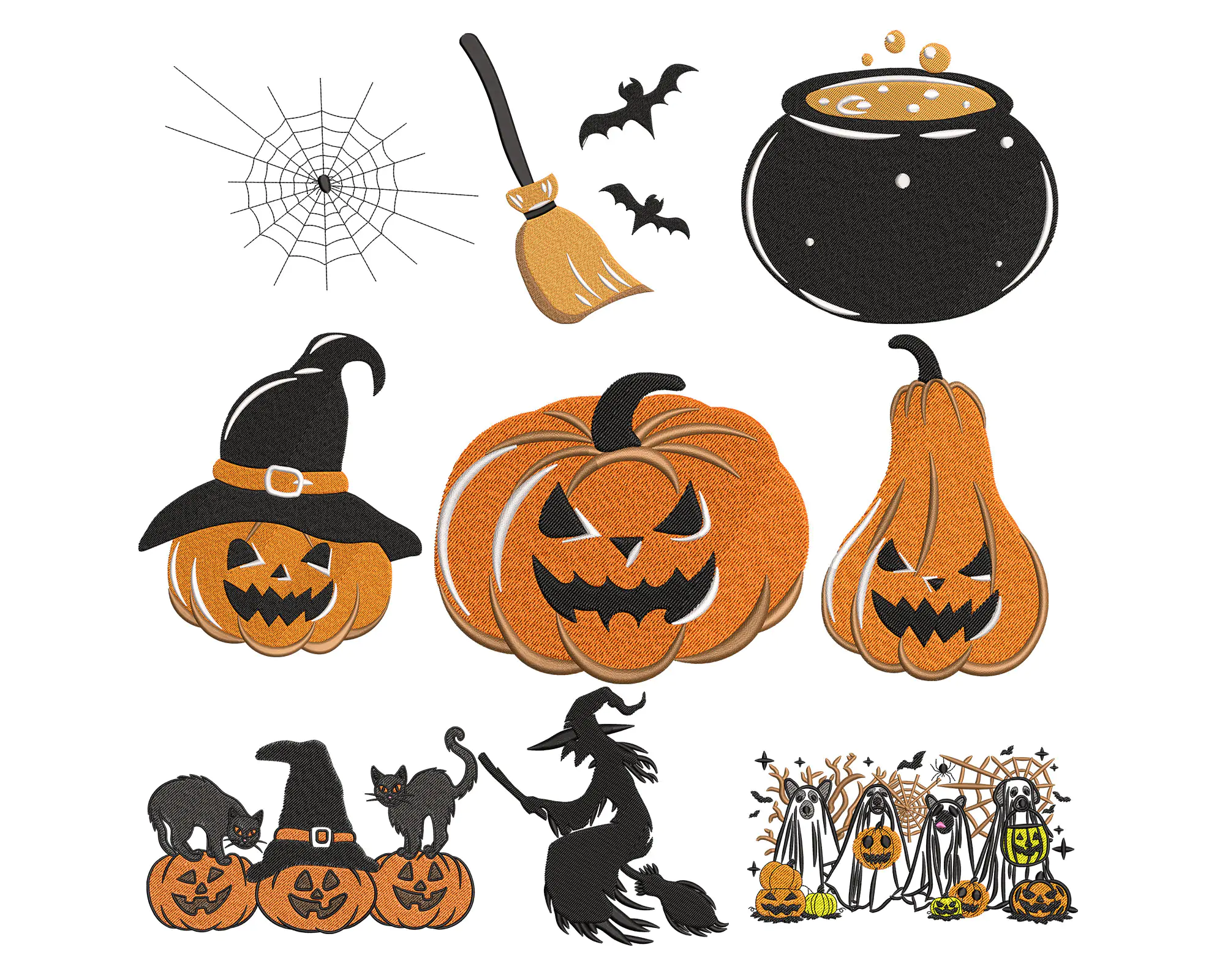 Halloween Pumpkin Machine Embroidery Design. Witch Embroidery Machine Design. Ghost Embroidery File