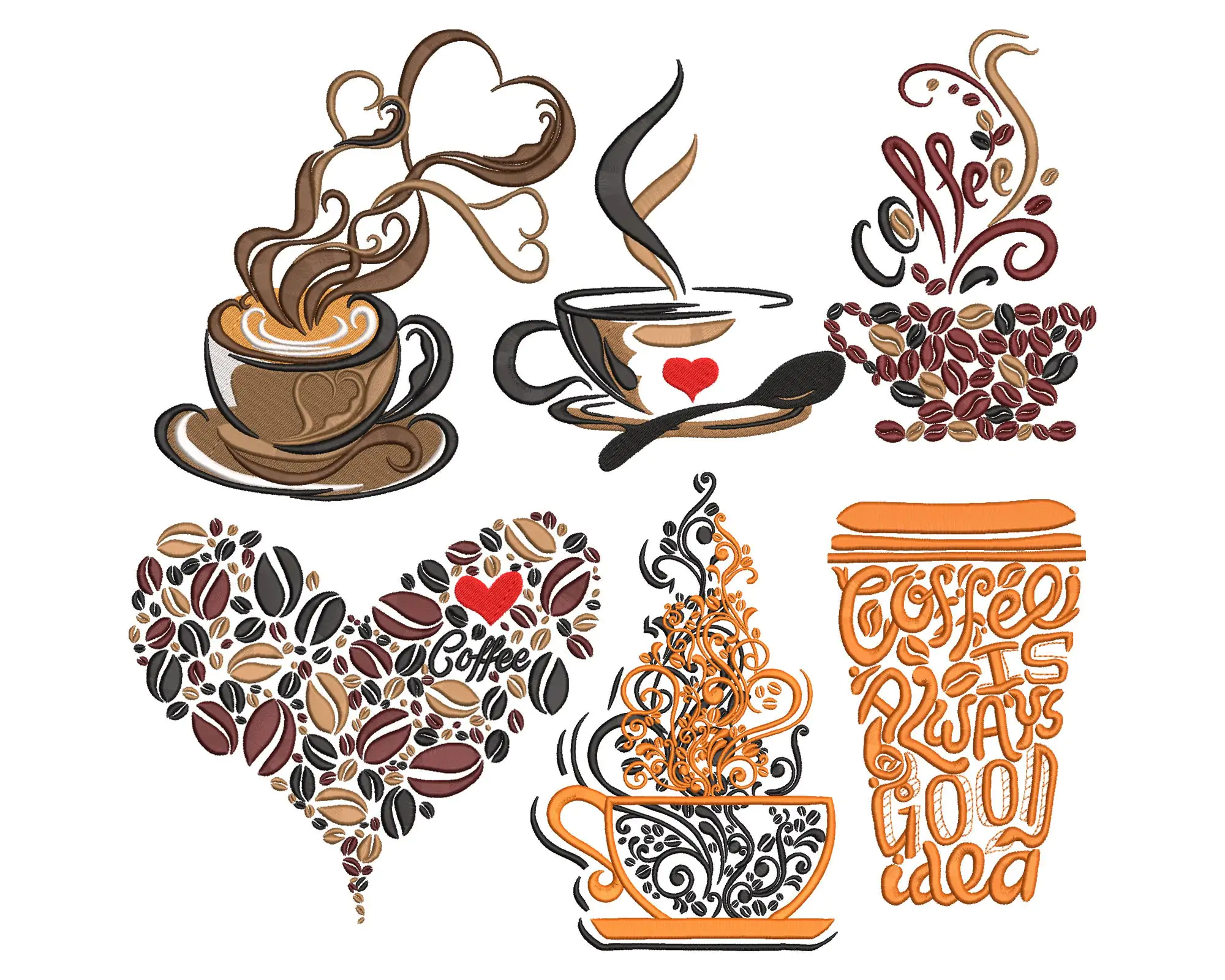 Coffee Embroidery Designs. Coffee Cup machine Embroidery Designs