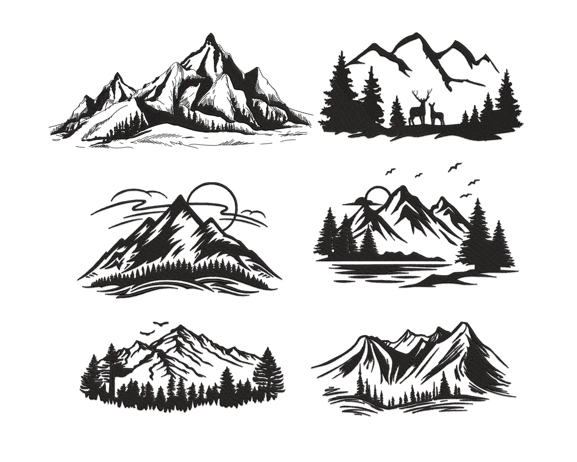 Mountains Embroidery Designs Bundle. Trees and Mountain Machine Embroidery Designs