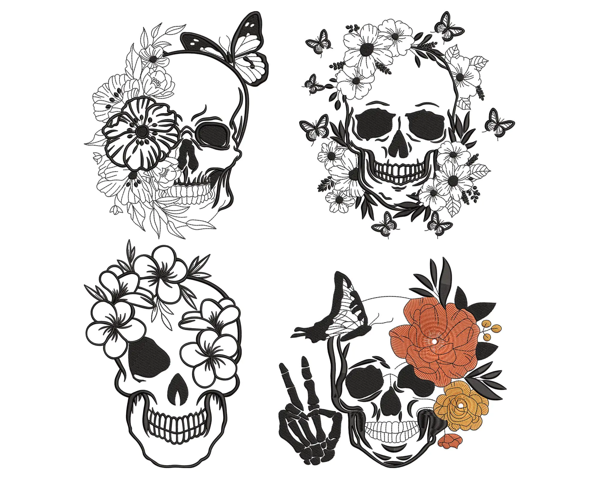Floral Skull Embroidery Designs. halloween Machine embroidery design