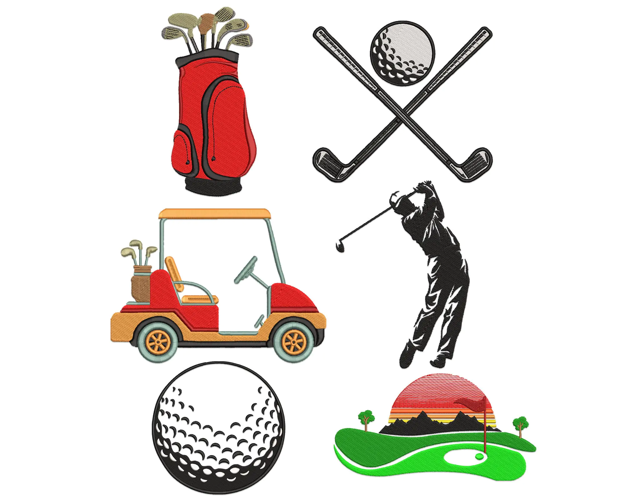 Golf Machine Embroidery Designs. Golf Ball, Golf Green, Golf Bag, Golf Cart, Golf Clubs embroidery