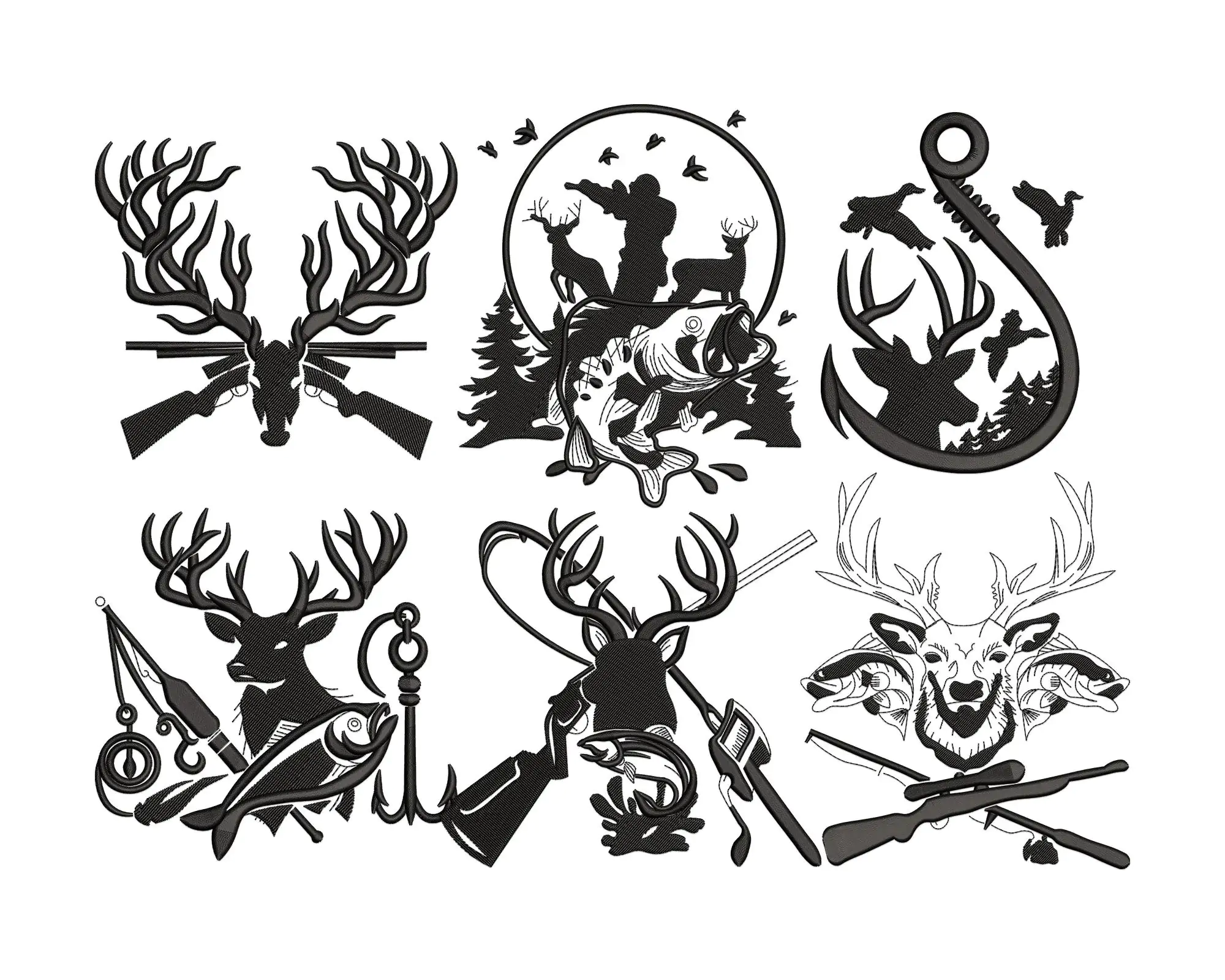 Hunting and Fishing Embroidery Designs. Deer and hook duck hunting machine embroidery designs